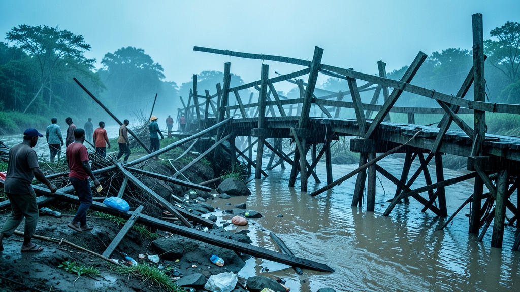 Lluvias en Bucay dejan puente Ñauza dañado y desborde del río Chimbo