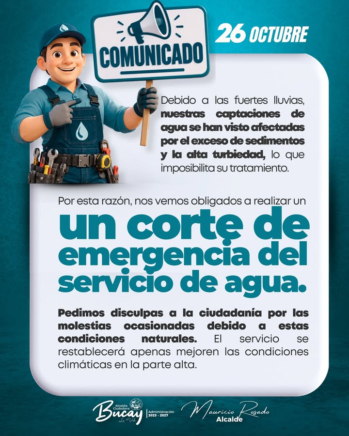 Corte de agua en Bucay por lluvias y turbiedad en captaciones