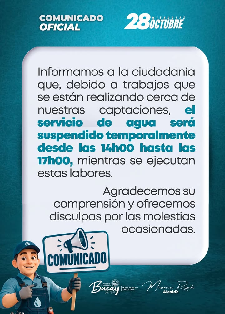 Suspensión del agua en Bucay este miércoles 28 de octubre por obras