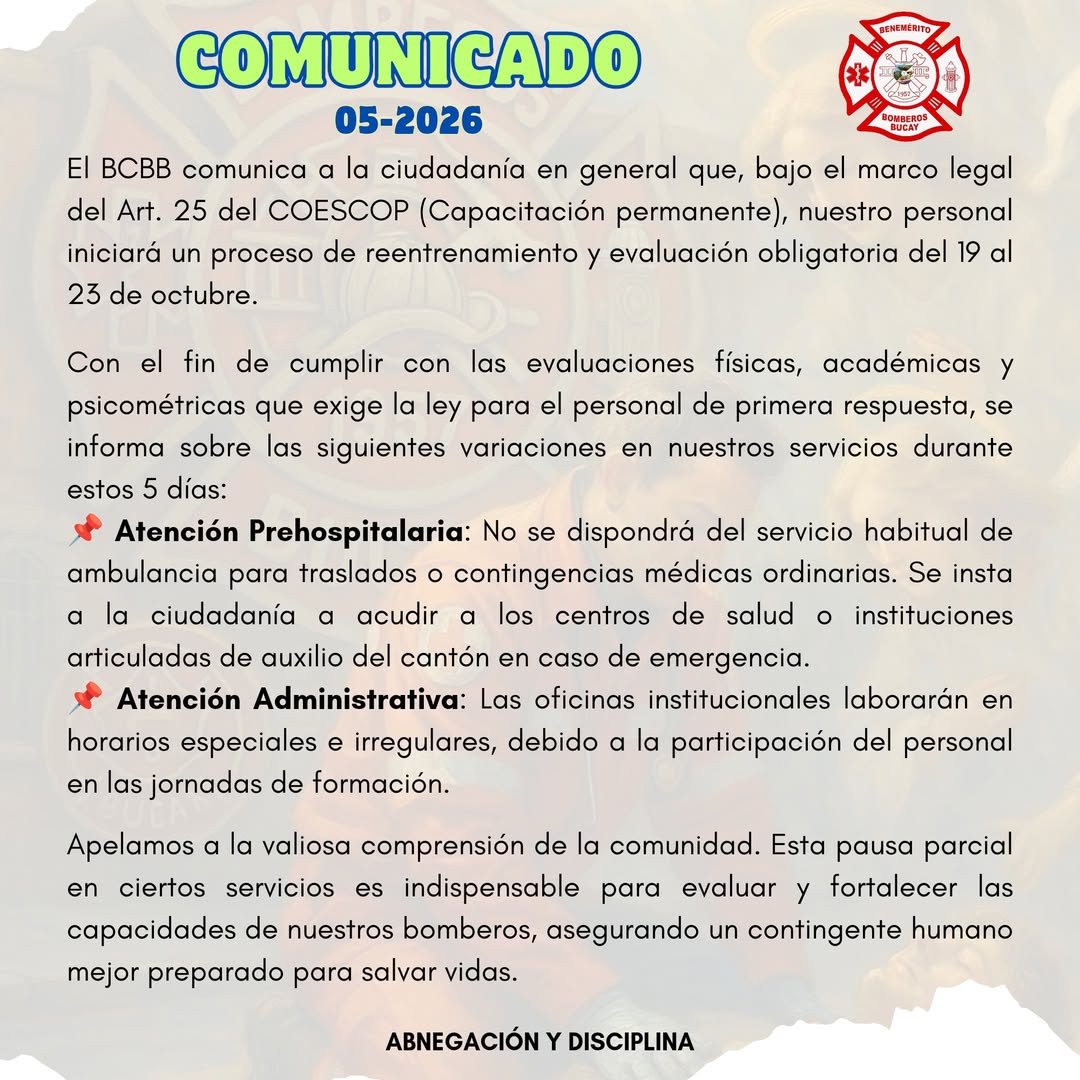 Bomberos de Bucay inician reentrenamiento obligatorio para garantizar seguridad ciudadana