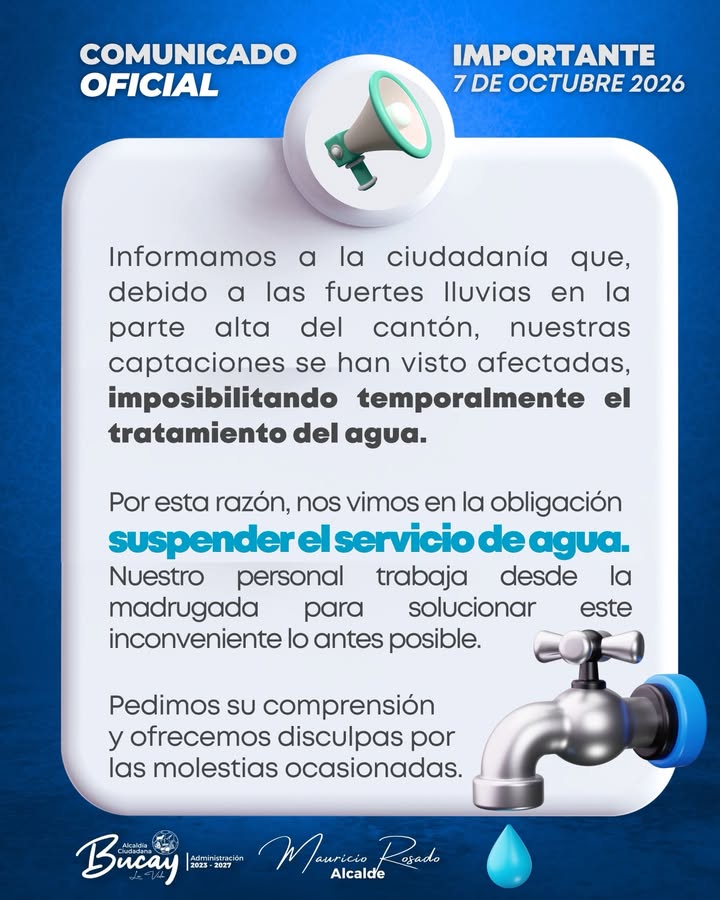 Suspensión del agua en Bucay por lluvias en la parte alta