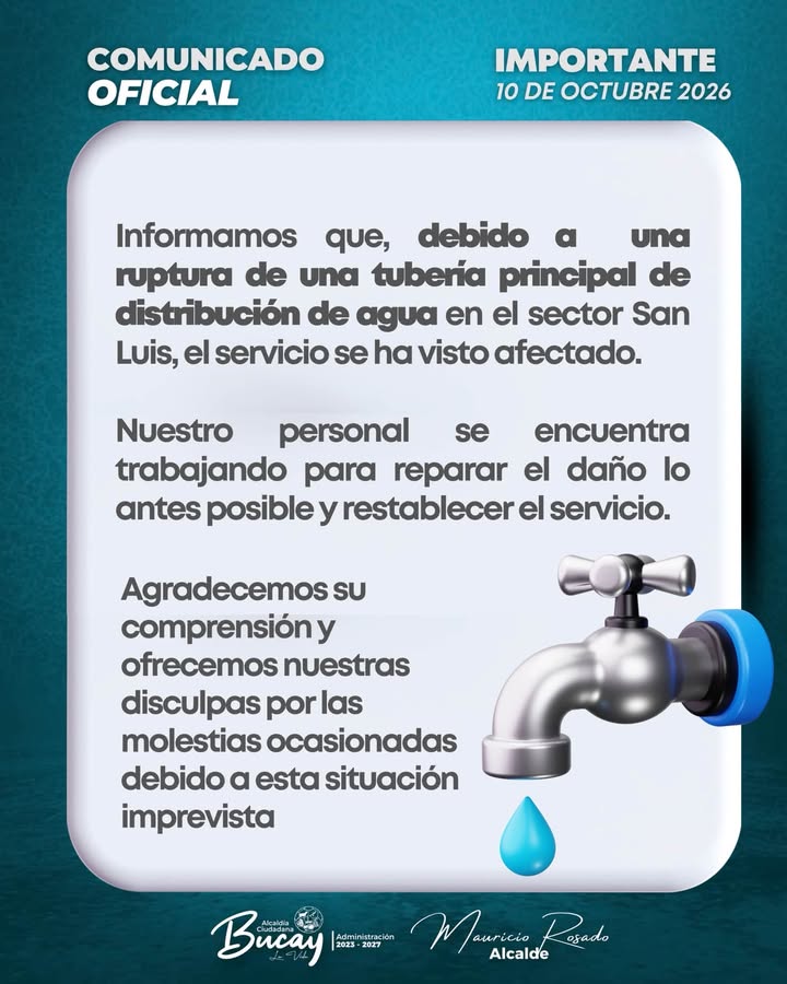 Corte de agua por ruptura de tubería en San Luis, Bucay